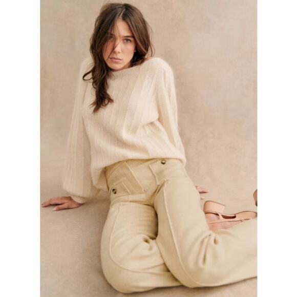 NWT Sezane Emilio Mid Rise Straight Wide Leg Cropped Trouser Pant Beige Size 8 - Picture 3 of 8